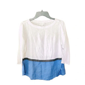 J. Jill 100% linen 3/4 sleeve round neck tunic blouse travel SZ XS white blue